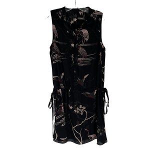 Chelsea28 Black Bird Print Sleeveless Side Tie Button Front Mini Dress XSmall XS